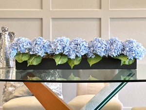 Blue Modern Long REAL TOUCH Hydrangeas Arrangement Artificial Faux Centerpiece Floral Flower Arrangement Silk Flowers Black Vase French Decor
