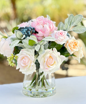 Blush Pink Roses and Peonies with Blue Berries, Home Decor, Artificial Flower Arrangement by Blue Paris