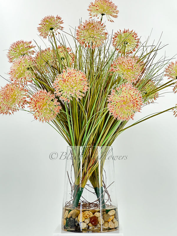 30” Dandelion/Allium Floral Arrangement, Light Pink Large Silk Artificial Flower Centerpiece, Faux Silk Glass Vase, Flower Decor Blue Paris