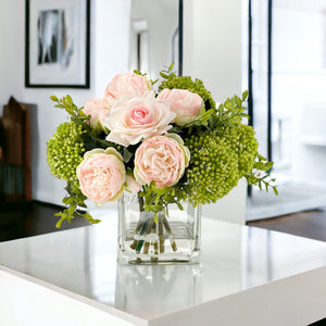 LT Pink Peonies and Green/Pink Real Touch Rose, Berries, Arrangement Artificial Faux Centerpiece, French Floral Flowers in Vase Home Decor