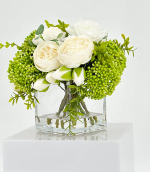 White Peonies and Green/White Real Touch Rose, Berries, Arrangement Artificial Faux Centerpiece, French Floral Flowers in Vase Home Decor