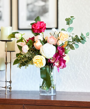 Unique Faux Flower Arrangement, Peonies, Roses, Greens in Vase, Floral Decor Real Touch Centerpiece Faux Artificial Flowers Silk Arrangement