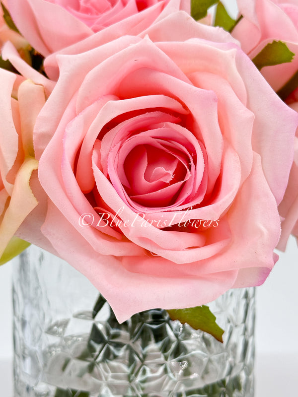 Pink Real Touch Roses Arrangement in Vase, French Country Artificial Flowers Faux Floral Home Decor Realistic, Birthday/Wedding Decor Blue Paris