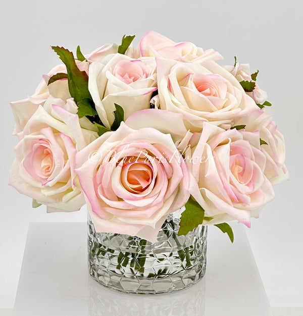 Light Pink Real Touch Roses Arrangement in Vase, French Country Artificial Flowers Faux Floral Home Decor Realistic, Birthday/Wedding Decor Blue Paris