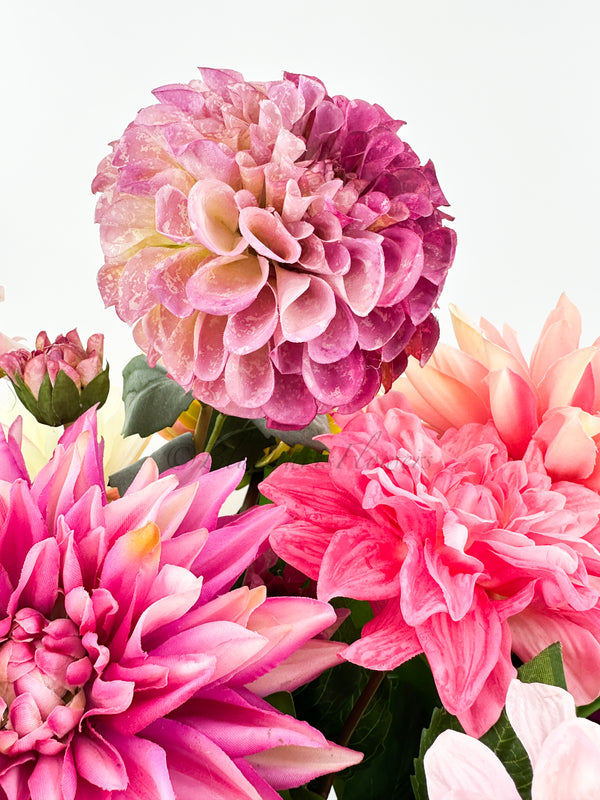 Vibrant Real-Touch Dahlias Arrangement in Brass Vase, Exquisite Floral Decor Centerpiece Unique Faux Artificial Flowers Home/Office Birthday