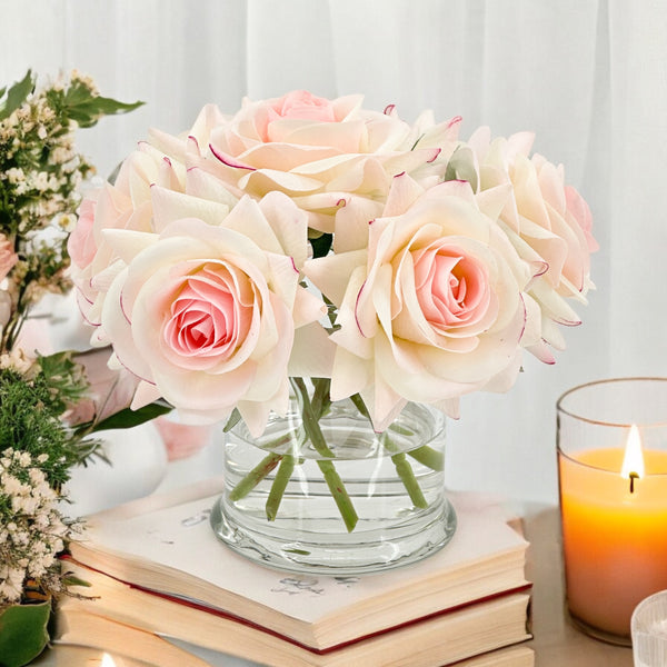 Real Touch Roses Floral Arrangement, Small Rose Flower Centerpiece Unique Cozy Flower Arrangement Faux Rose Table Centerpiece Wedding Decor