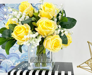 Yellow Real Touch Roses Arrangement, Artificial Faux Centerpiece, Unique French Flowers Valley Lillies in Glass Vase Home Decor Floral Gift