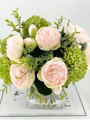 LT Pink Peonies and Green/Pink Real Touch Rose, Berries, Arrangement Artificial Faux Centerpiece, French Floral Flowers in Vase Home Decor
