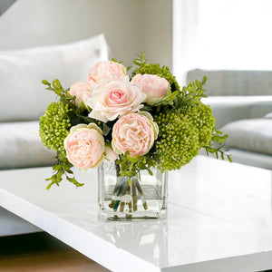 LT Pink Peonies and Green/Pink Real Touch Rose, Berries, Arrangement Artificial Faux Centerpiece, French Floral Flowers in Vase Home Decor