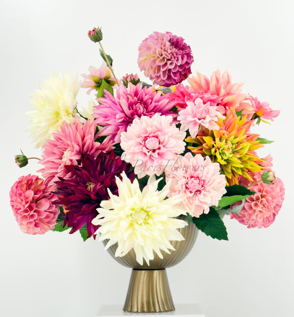 Vibrant Real-Touch Dahlias Arrangement in Brass Vase, Exquisite Floral Decor Centerpiece Unique Faux Artificial Flowers Home/Office Birthday