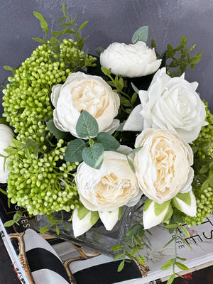 White Peonies and Green/White Real Touch Rose, Berries, Arrangement Artificial Faux Centerpiece, French Floral Flowers in Vase Home Decor