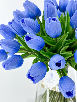 X-Large 60 Light Blue Tulips Modern Faux Floral Arrangement | Real Touch Artificial Faux Forever Flowers in Glass Vase, Faux Flowers in Vase