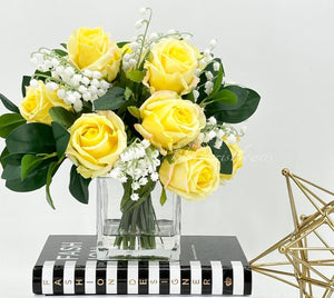 Yellow Real Touch Roses Arrangement, Artificial Faux Centerpiece, Unique French Flowers Valley Lillies in Glass Vase Home Decor Floral Gift