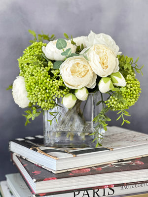 White Peonies and Green/White Real Touch Rose, Berries, Arrangement Artificial Faux Centerpiece, French Floral Flowers in Vase Home Decor