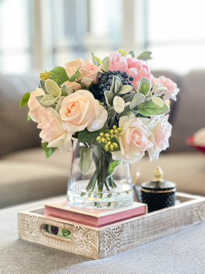 Blush Pink Roses and Peonies with Blue Berries, Home Decor, Artificial Flower Arrangement by Blue Paris