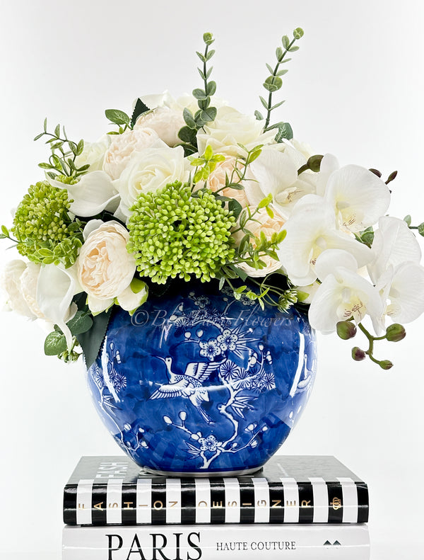 White Peonies, Orchids, Rose, Arrangement Artificial Faux Centerpiece, Unique Custom Floral Decor, Silk & Real Touch Flowers Blue Vase Home Decor