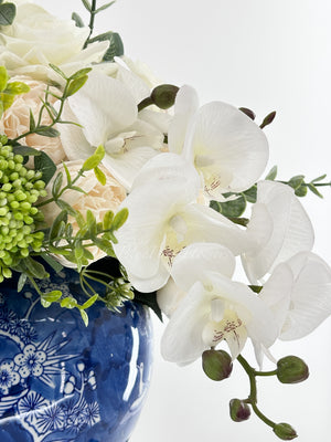 White Peonies, Orchids, Rose, Arrangement Artificial Faux Centerpiece, Unique Custom Floral Decor, Silk & Real Touch Flowers Blue Vase Home Decor