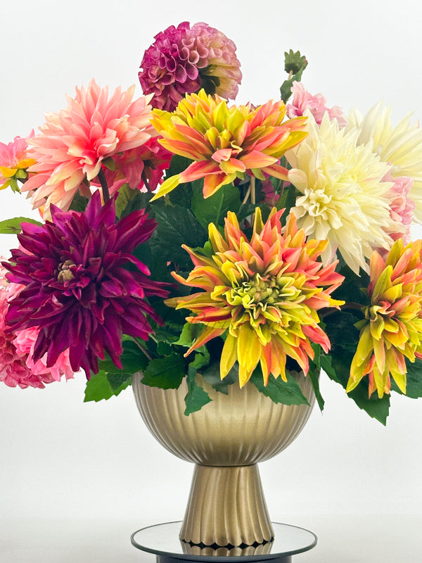 Vibrant Real-Touch Dahlias Arrangement in Brass Vase, Exquisite Floral Decor Centerpiece Unique Faux Artificial Flowers Home/Office Birthday