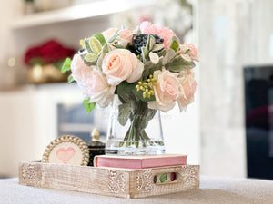 Blush Pink Roses and Peonies with Blue Berries, Home Decor, Artificial Flower Arrangement by Blue Paris