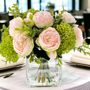 LT Pink Peonies and Green/Pink Real Touch Rose, Berries, Arrangement Artificial Faux Centerpiece, French Floral Flowers in Vase Home Decor
