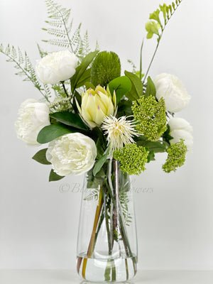 32” Unique French Floral Arrangement, White Silk Peonies, Greens Artificial Flower Centerpiece Faux Silk Arrangement Glass Vase Flower Decor