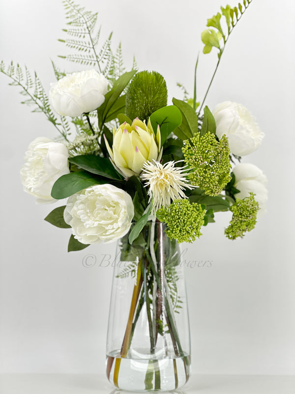 32” Unique French Floral Arrangement, White Silk Peonies, Greens Artificial Flower Centerpiece Faux Silk Arrangement Glass Vase Flower Decor