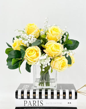 Yellow Real Touch Roses Arrangement, Artificial Faux Centerpiece, Unique French Flowers Valley Lillies in Glass Vase Home Decor Floral Gift