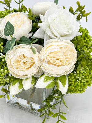White Peonies and Green/White Real Touch Rose, Berries, Arrangement Artificial Faux Centerpiece, French Floral Flowers in Vase Home Decor