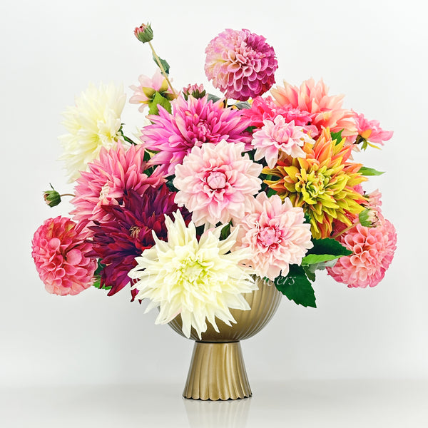 Vibrant Real-Touch Dahlias Arrangement in Brass Vase, Exquisite Floral Decor Centerpiece Unique Faux Artificial Flowers Home/Office Birthday