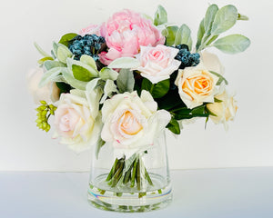 Blush Pink Roses and Peonies with Blue Berries, Home Decor, Artificial Flower Arrangement by Blue Paris