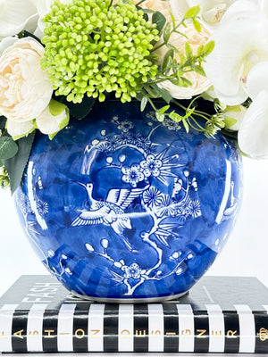 White Peonies, Orchids, Rose, Arrangement Artificial Faux Centerpiece, Unique Custom Floral Decor, Silk & Real Touch Flowers Blue Vase Home Decor