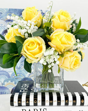 Yellow Real Touch Roses Arrangement, Artificial Faux Centerpiece, Unique French Flowers Valley Lillies in Glass Vase Home Decor Floral Gift