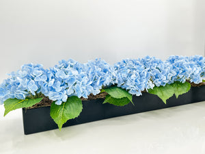 Blue Modern Long REAL TOUCH Hydrangeas Arrangement Artificial Faux Centerpiece Floral Flower Arrangement Silk Flowers Black Vase French Decor
