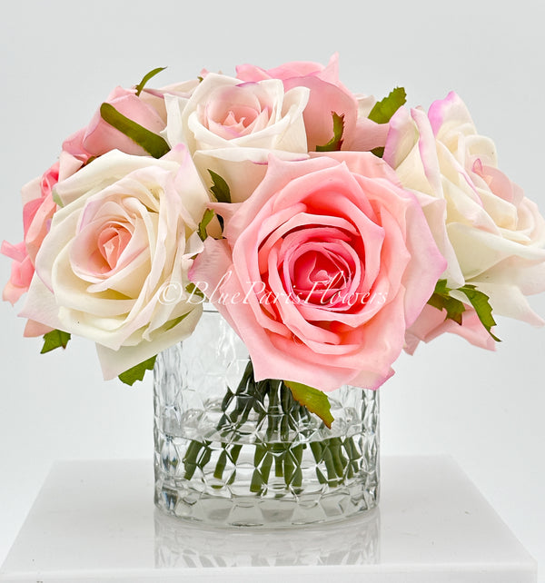 Pink/Blush Pink Mix Real Touch Roses Arrangement in Vase, French Country Artificial Flowers Faux Floral Home Decor Realistic, Birthday/Wedding Decor Blue Paris