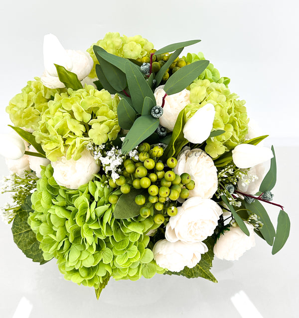 Floral Arrangement Green Hydrangea Peonies Silk Artificial Flower Centerpiece Faux Silk Arrangement Blue/White Vase Elegant Decor Blue Paris