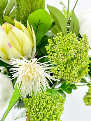 32” Unique French Floral Arrangement, White Silk Peonies, Greens Artificial Flower Centerpiece Faux Silk Arrangement Glass Vase Flower Decor