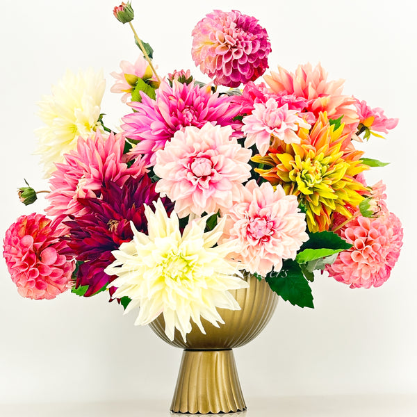 Vibrant Real-Touch Dahlias Arrangement in Brass Vase, Exquisite Floral Decor Centerpiece Unique Faux Artificial Flowers Home/Office Birthday