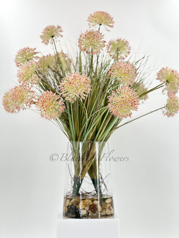 30” Dandelion/Allium Floral Arrangement, Light Pink Large Silk Artificial Flower Centerpiece, Faux Silk Glass Vase, Flower Decor Blue Paris