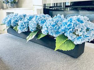 Blue Modern Long REAL TOUCH Hydrangeas Arrangement Artificial Faux Centerpiece Floral Flower Arrangement Silk Flowers Black Vase French Decor