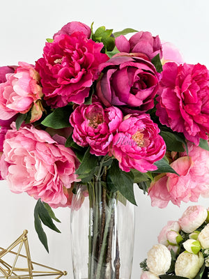 Elegant Pink/Magenta Peony Arrangement Artificial Faux Flower Centerpiece, French Country Floral Decor, Silk Flowers in Vase Home Decor