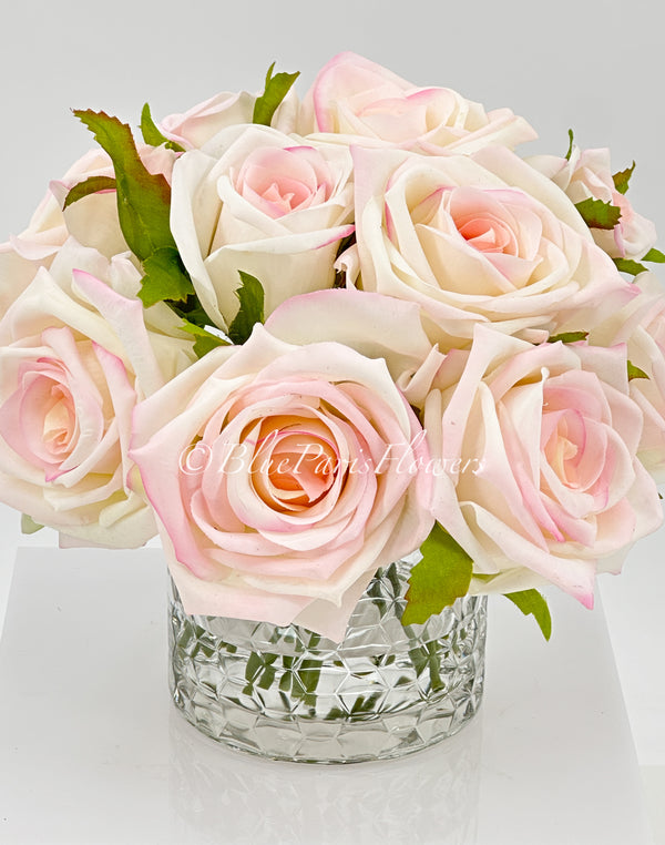 Light Pink Real Touch Roses Arrangement in Vase, French Country Artificial Flowers Faux Floral Home Decor Realistic, Birthday/Wedding Decor Blue Paris