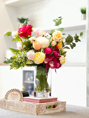 Unique Faux Flower Arrangement, Peonies, Roses, Greens in Vase, Floral Decor Real Touch Centerpiece Faux Artificial Flowers Silk Arrangement
