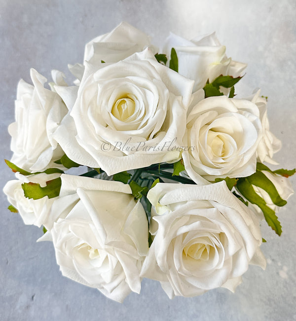 White Real Touch Roses Arrangement in Vase, French Country Artificial Flowers Faux Floral Home Decor Realistic, Birthday/Wedding Decor Blue Paris