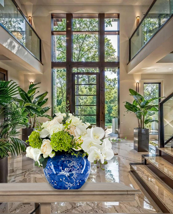 White Peonies, Orchids, Rose, Arrangement Artificial Faux Centerpiece, Unique Custom Floral Decor, Silk & Real Touch Flowers Blue Vase Home Decor