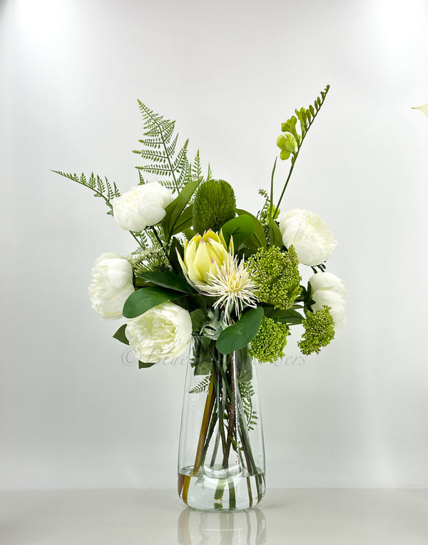 32” Unique French Floral Arrangement, White Silk Peonies, Greens Artificial Flower Centerpiece Faux Silk Arrangement Glass Vase Flower Decor