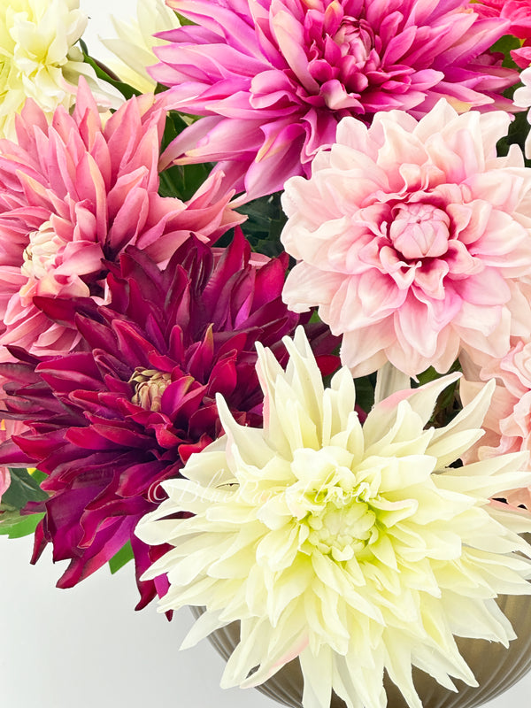 Vibrant Real-Touch Dahlias Arrangement in Brass Vase, Exquisite Floral Decor Centerpiece Unique Faux Artificial Flowers Home/Office Birthday