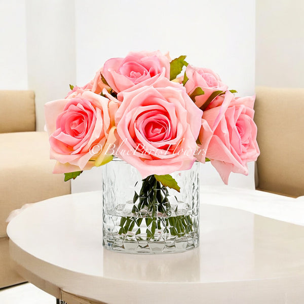 Pink Real Touch Roses Arrangement in Vase, French Country Artificial Flowers Faux Floral Home Decor Realistic, Birthday/Wedding Decor Blue Paris