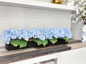 Blue Modern Long REAL TOUCH Hydrangeas Arrangement Artificial Faux Centerpiece Floral Flower Arrangement Silk Flowers Black Vase French Decor