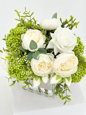 White Peonies and Green/White Real Touch Rose, Berries, Arrangement Artificial Faux Centerpiece, French Floral Flowers in Vase Home Decor