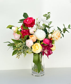 Unique Faux Flower Arrangement, Peonies, Roses, Greens in Vase, Floral Decor Real Touch Centerpiece Faux Artificial Flowers Silk Arrangement